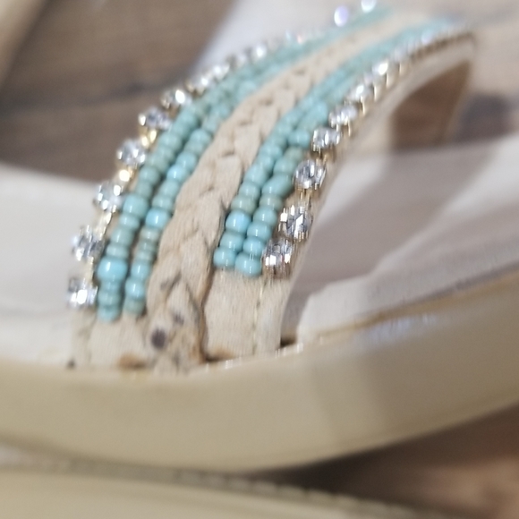 SKEMO Beige, Rhinestone & Turquoise Beaded Wedge Ankle Wrap Sandals - Picture 12 of 14